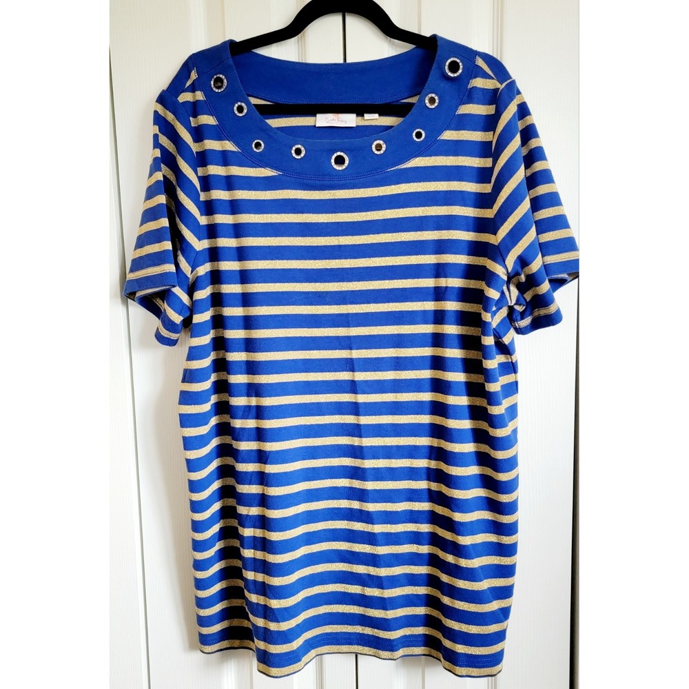 Quacker Factory 2X T-Shirt Womens Blue Striped Round Neck Rhinestones NEW‎